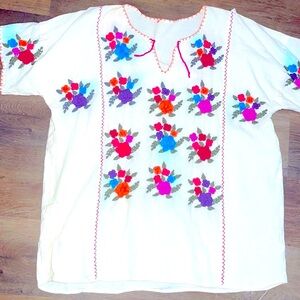 Huipil Embroidered Mexican floral Handcrafted Cream bohemian Blouse